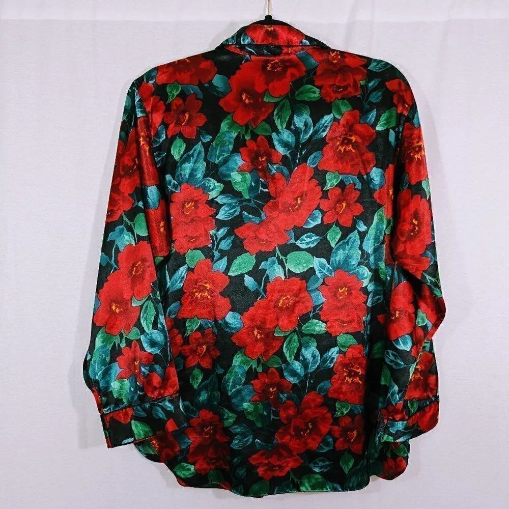 Vintage Gold Label Victoria's Secret Green & Red Floral Pajama Top Size S